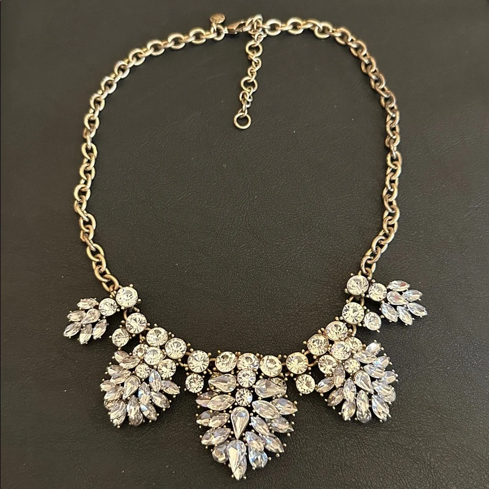 J Crew Vintage White Crystal Cluster Antique Gold Tone Statement Bib Necklace